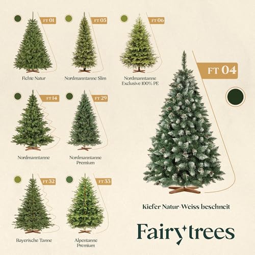 FairyTrees künstliche Kiefer Natur-Weiss beschneit mit Holzständer - 7
