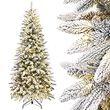 Yorbay Künstlicher Weihnachtsbaum Slim mit Beleuchtung LED Tannenbaum für Weihnachten-Dekoration, Schneebeflockt, Schmal, Weiß, 210cm