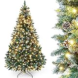 Yorbay künstlicher Weihnachtsbaum mit Beleuchtung und weißem Schnee, LED Tannenbaum für Weihnachten-Dekoration mit echten Tannenzapfen, Feuerbeständig (150CM)