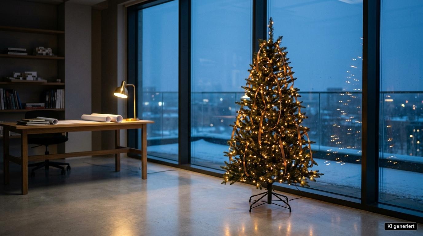 Künstliche Tannenbäume in 145 cm Höhe mit stabilem Metallständer in einem modernen Büro vor einer großen Fensterfront in der blauen Stunde mit festlicher Beleuchtung Künstliche Tannenbäume in 145 cm Höhe mit stabilem Metallständer in einem modernen Büro vor einer großen Fensterfront in der blauen Stunde mit festlicher Beleuchtung