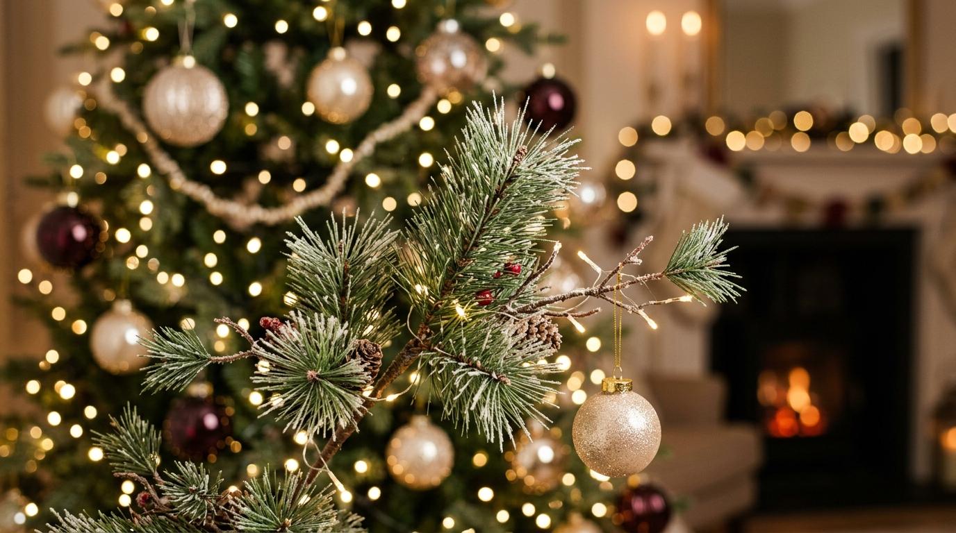 Detailaufnahme der naturgetreuen Spritzguss-Nadeln eines künstlichen Weihnachtsbaums mit warmweißen Lichtern und festlichen Glaskugeln Detailaufnahme der naturgetreuen Spritzguss-Nadeln eines künstlichen Weihnachtsbaums mit warmweißen Lichtern und festlichen Glaskugeln