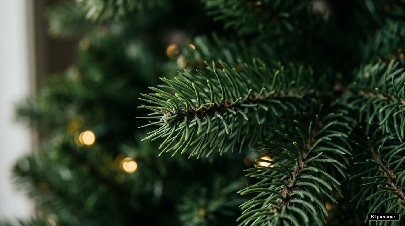 Detailaufnahme der PE-Spritzguss-Nadeln an den Zweigspitzen eines künstlichen Weihnachtsbaums mit 425 cm für naturgetreue Zweigoptik. Detailaufnahme der PE-Spritzguss-Nadeln an den Zweigspitzen eines künstlichen Weihnachtsbaums mit 425 cm für naturgetreue Zweigoptik.