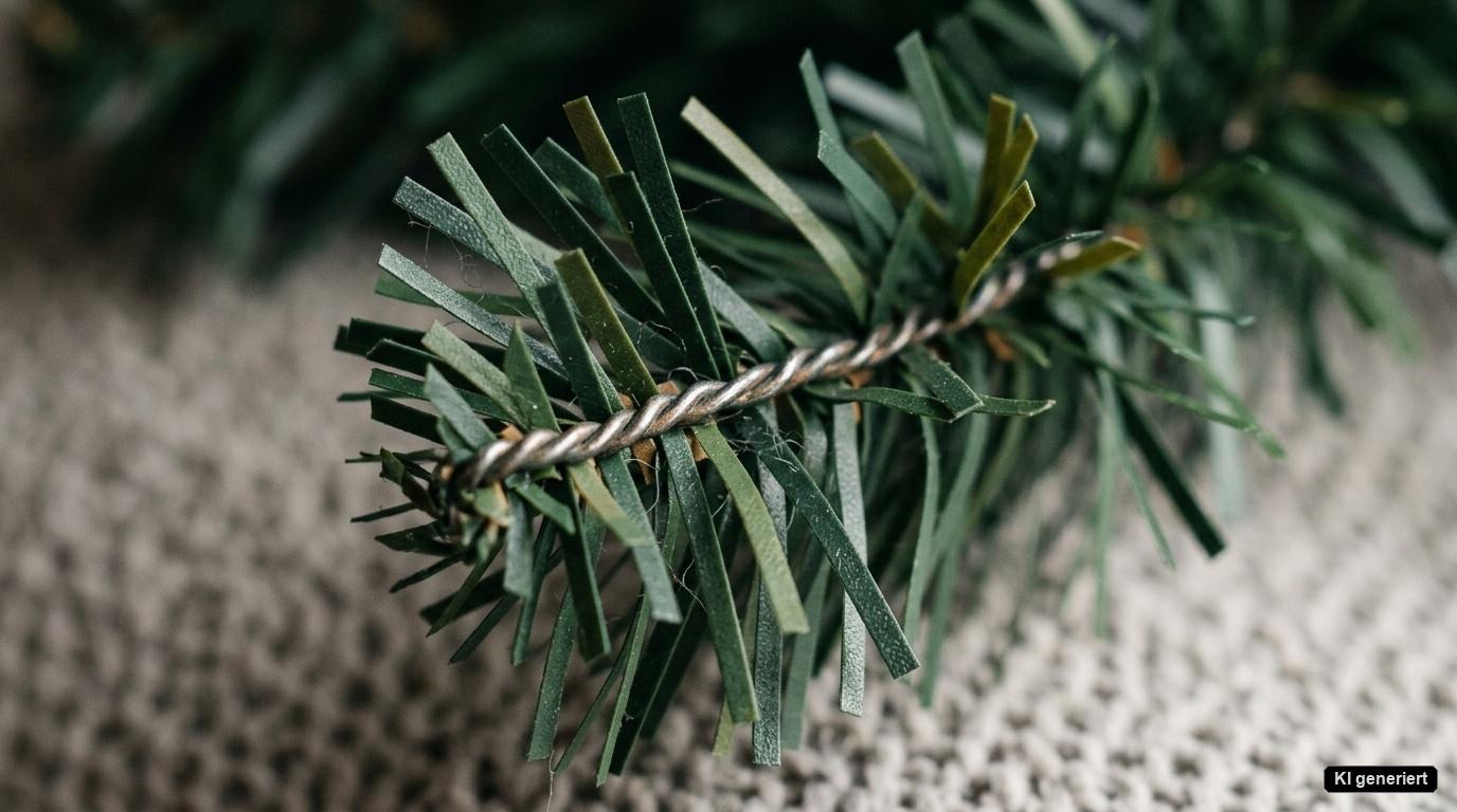 Dichte dunkelgrüne PVC-Nadeln an den biegsamen Zweigen der Yuenfong Weihnachtsbäume im Detail Dichte dunkelgrüne PVC-Nadeln an den biegsamen Zweigen der Yuenfong Weihnachtsbäume im Detail