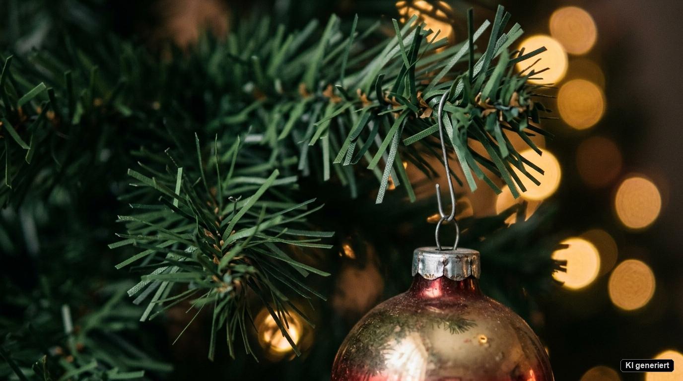 Dichte PVC-Zweige eines künstlichen Tannenbaums von SONGMICS in der Nahaufnahme mit feiner Nadelstruktur und Christbaumkugel. Dichte PVC-Zweige eines künstlichen Tannenbaums von SONGMICS in der Nahaufnahme mit feiner Nadelstruktur und Christbaumkugel.
