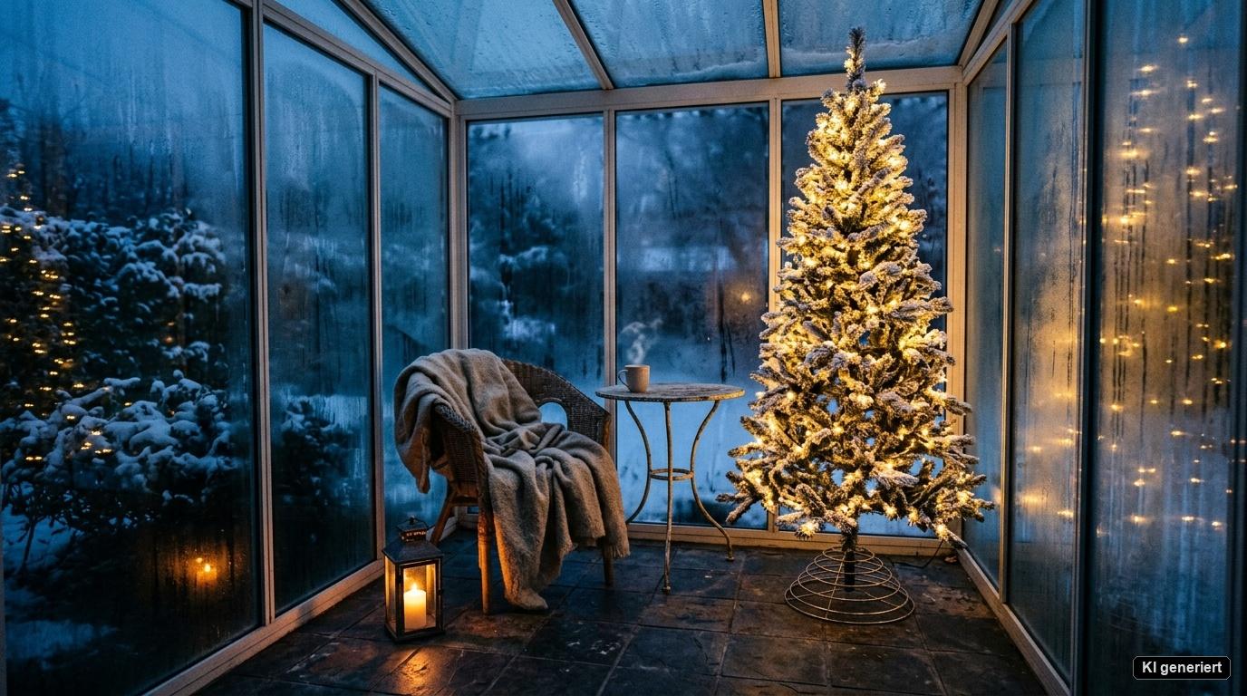Ein beleuchteter, beschneiter Pop Up Weihnachtsbaum (150 cm) im abendlichen Wintergarten mit Lichtern und Reflexionen an den Scheiben. Ein beleuchteter, beschneiter Pop Up Weihnachtsbaum (150 cm) im abendlichen Wintergarten mit Lichtern und Reflexionen an den Scheiben.