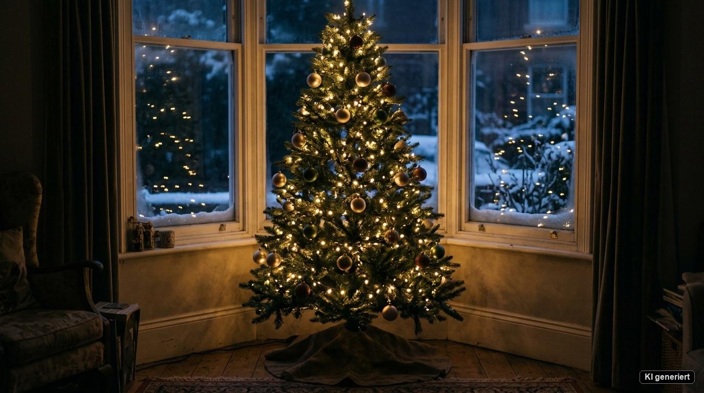 Ein künstlicher Christbaum mit 157 cm Höhe erstrahlt abends in einer Fensternische, wobei sich seine warmweißen Lichter in der dunklen Scheibe spiegeln. Ein künstlicher Christbaum mit 157 cm Höhe erstrahlt abends in einer Fensternische, wobei sich seine warmweißen Lichter in der dunklen Scheibe spiegeln.