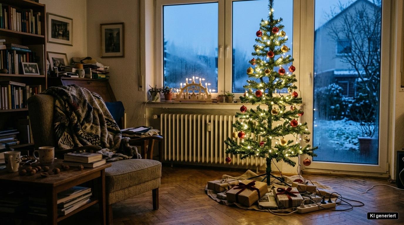 Ein schlanker, festlich beleuchteter Pop Up Weihnachtsbaum (180 cm) im abendlichen, natürlich eingerichteten Wohnzimmer. Ein schlanker, festlich beleuchteter Pop Up Weihnachtsbaum (180 cm) im abendlichen, natürlich eingerichteten Wohnzimmer.
