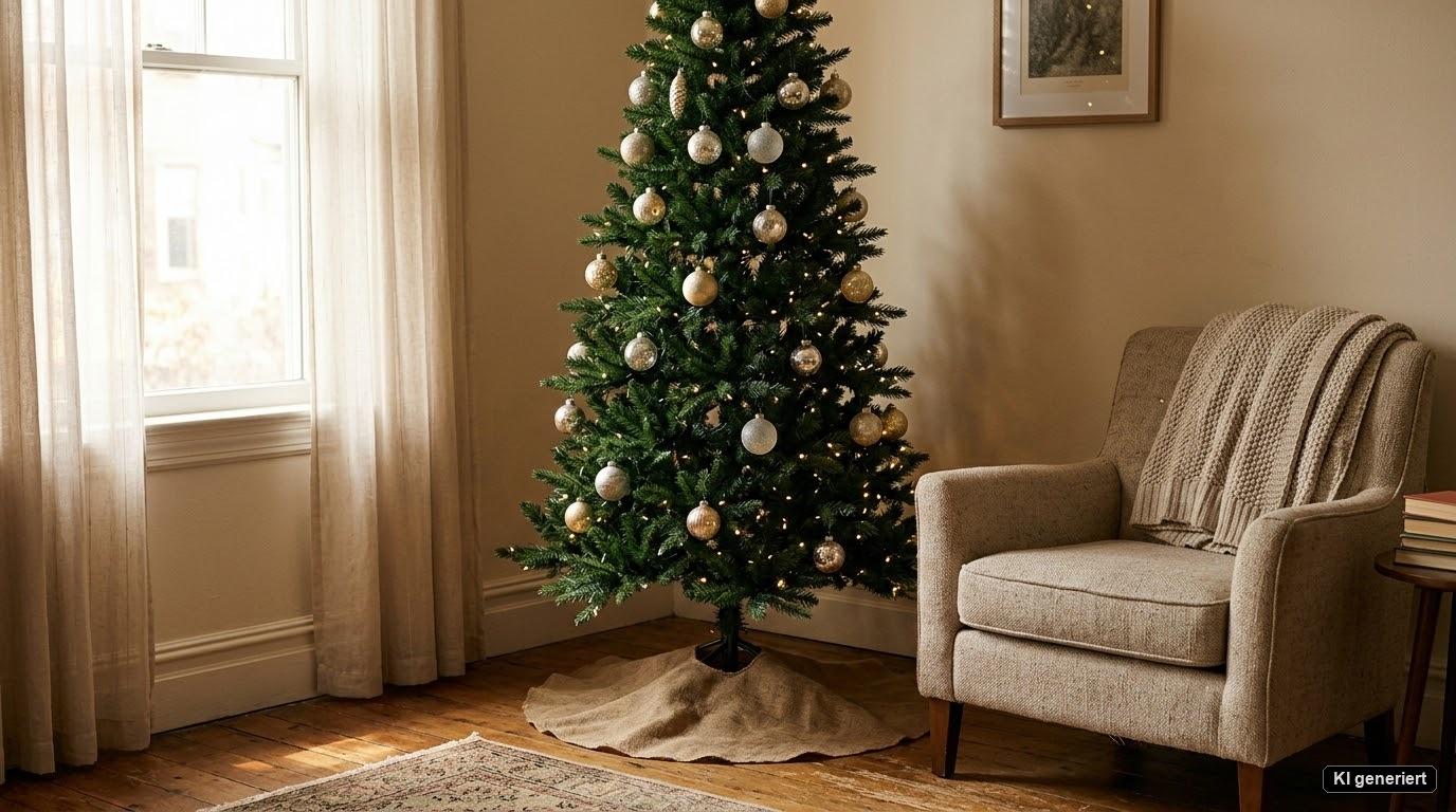 Ein schlanker künstlicher Weihnachtsbaum mit 157 cm Höhe steht neben einem Sessel in einer gemütlichen Zimmerecke und wird von weichem Tageslicht beleuchtet. Ein schlanker künstlicher Weihnachtsbaum mit 157 cm Höhe steht neben einem Sessel in einer gemütlichen Zimmerecke und wird von weichem Tageslicht beleuchtet.