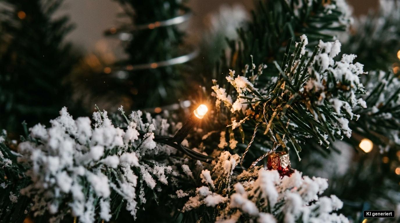 Eine Nahaufnahme der schneebedeckten Zweige eines beschneiten Pop Up Tannenbaums mit feiner Beflockung und leuchtender LED. Eine Nahaufnahme der schneebedeckten Zweige eines beschneiten Pop Up Tannenbaums mit feiner Beflockung und leuchtender LED.