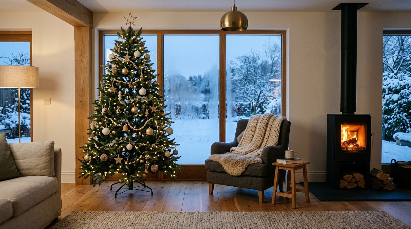 Festlich geschmückter künstlicher Weihnachtsbaum in einem gemütlichen Wohnzimmer mit warmem Kaminfeuer und skandinavischer Einrichtung Festlich geschmückter künstlicher Weihnachtsbaum in einem gemütlichen Wohnzimmer mit warmem Kaminfeuer und skandinavischer Einrichtung
