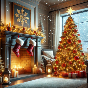 Ein gemütliches Wohnzimmer mit einem festlich geschmückten Baum neben dem Kamin. Der Baum ist mit roten und goldenen Ornamenten geschmückt, während draußen leise Schneeflocken fallen.