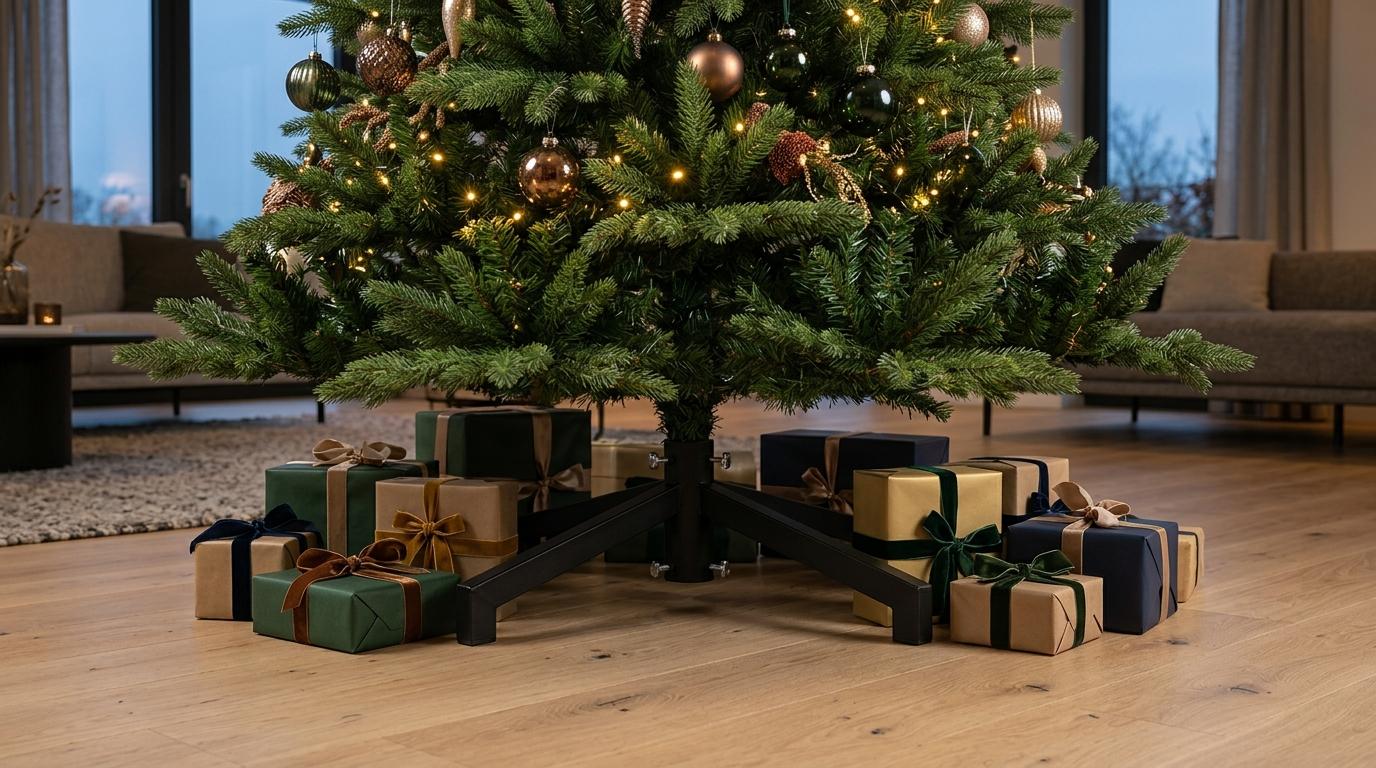 Große künstliche Weihnachtsbäume mit stabilem Metallständer und weit ausladenden Zweigen sicher platziert auf Holzboden im Wohnzimmer. Große künstliche Weihnachtsbäume mit stabilem Metallständer und weit ausladenden Zweigen sicher platziert auf Holzboden im Wohnzimmer.