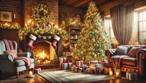 Große künstliche Weihnachtsbäume lassen das Wohnzimmer ebenfalls in festlicher Stimmung erstrahlen.