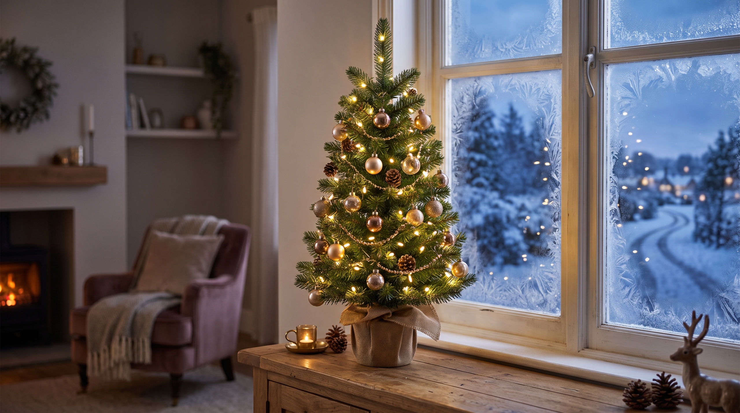Kleiner künstlicher Weihnachtsbaum mit Jutesack