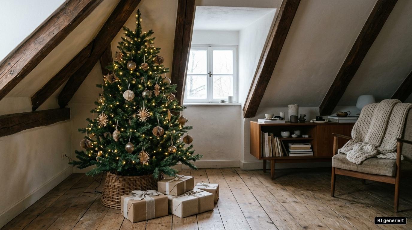 Kompakter Yuenfong Tannenbaum mit 160 cm Höhe harmonisch platziert unter einer gemütlichen Dachschräge Kompakter Yuenfong Tannenbaum mit 160 cm Höhe harmonisch platziert unter einer gemütlichen Dachschräge