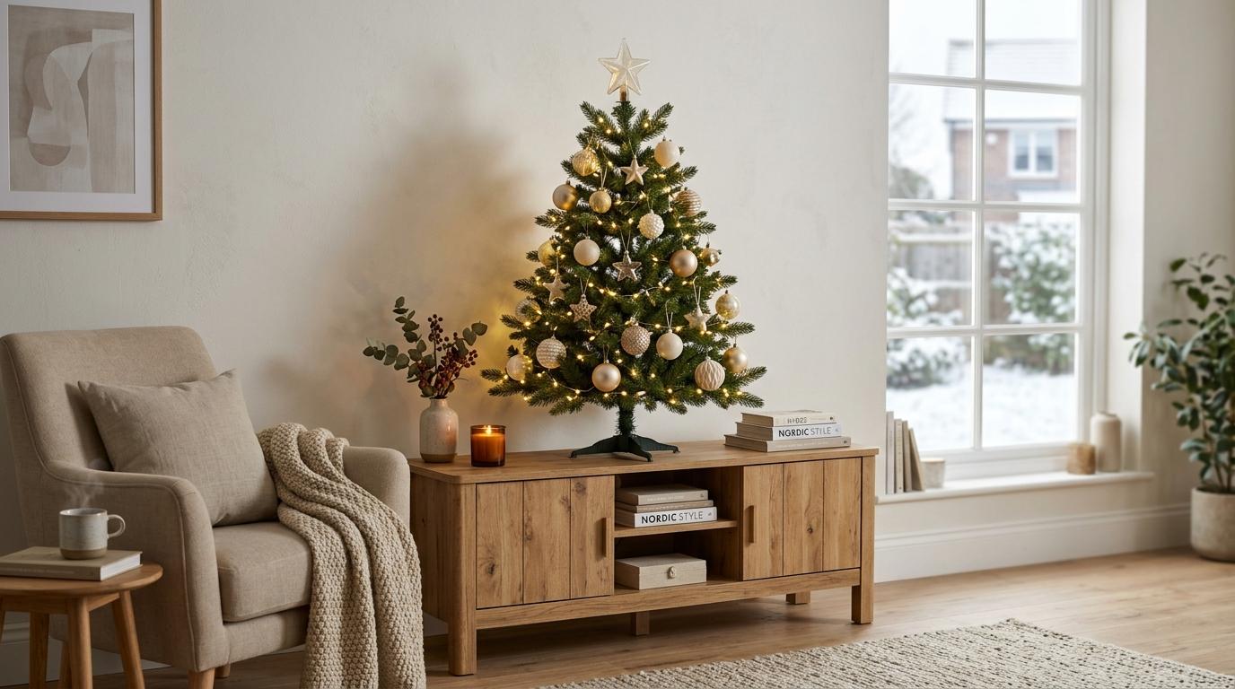 Künstliche Weihnachtsbäume 115 cm platziert auf einem hellen Holzsideboard mit eleganter Beleuchtung und dezenten Glaskugeln Künstliche Weihnachtsbäume 115 cm platziert auf einem hellen Holzsideboard mit eleganter Beleuchtung und dezenten Glaskugeln