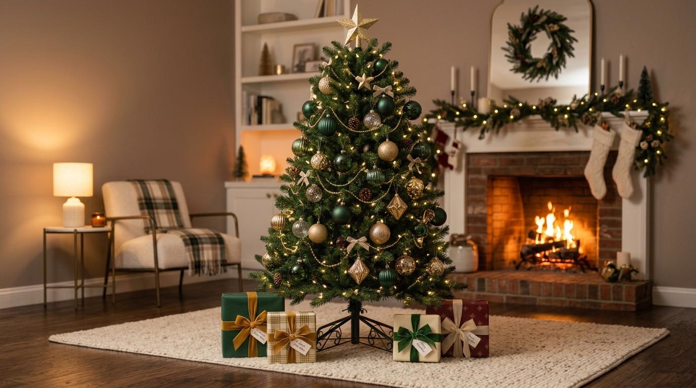Künstliche Weihnachtsbäume 130 cm im stabilen Metallständer mit klassischem Weihnachtsschmuck und Geschenken auf einem Teppich Künstliche Weihnachtsbäume 130 cm im stabilen Metallständer mit klassischem Weihnachtsschmuck und Geschenken auf einem Teppich