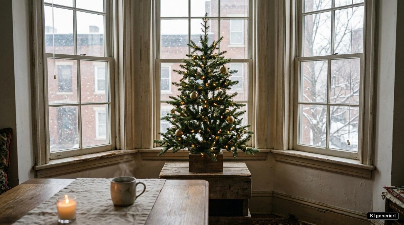 Künstliche Weihnachtsbäume 140 cm auf einem Holzpodest im Altbau-Erker neben dem festlich gedeckten Esstisch Künstliche Weihnachtsbäume 140 cm auf einem Holzpodest im Altbau-Erker neben dem festlich gedeckten Esstisch