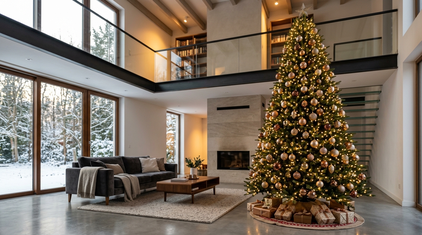Künstliche Weihnachtsbäume 400 cm mit warmweißer Beleuchtung in einem modernen Wohnzimmer mit offener Galerie und hohen Decken