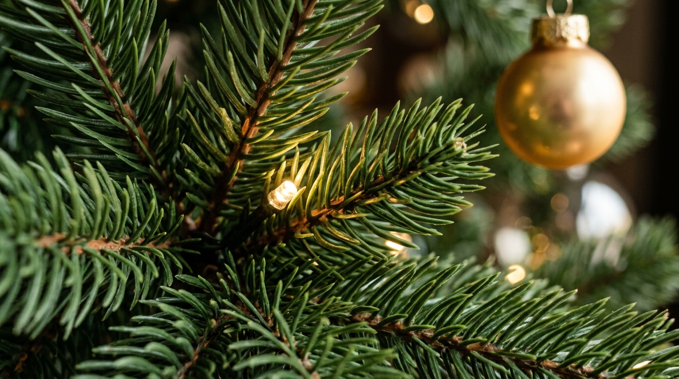 Detailaufnahme der naturgetreuen PE-Spritzguss-Nadeln an einem künstlichen Weihnachtsbaum 50 cm mit integrierten LED-Lichtern und zartem Christbaumschmuck
