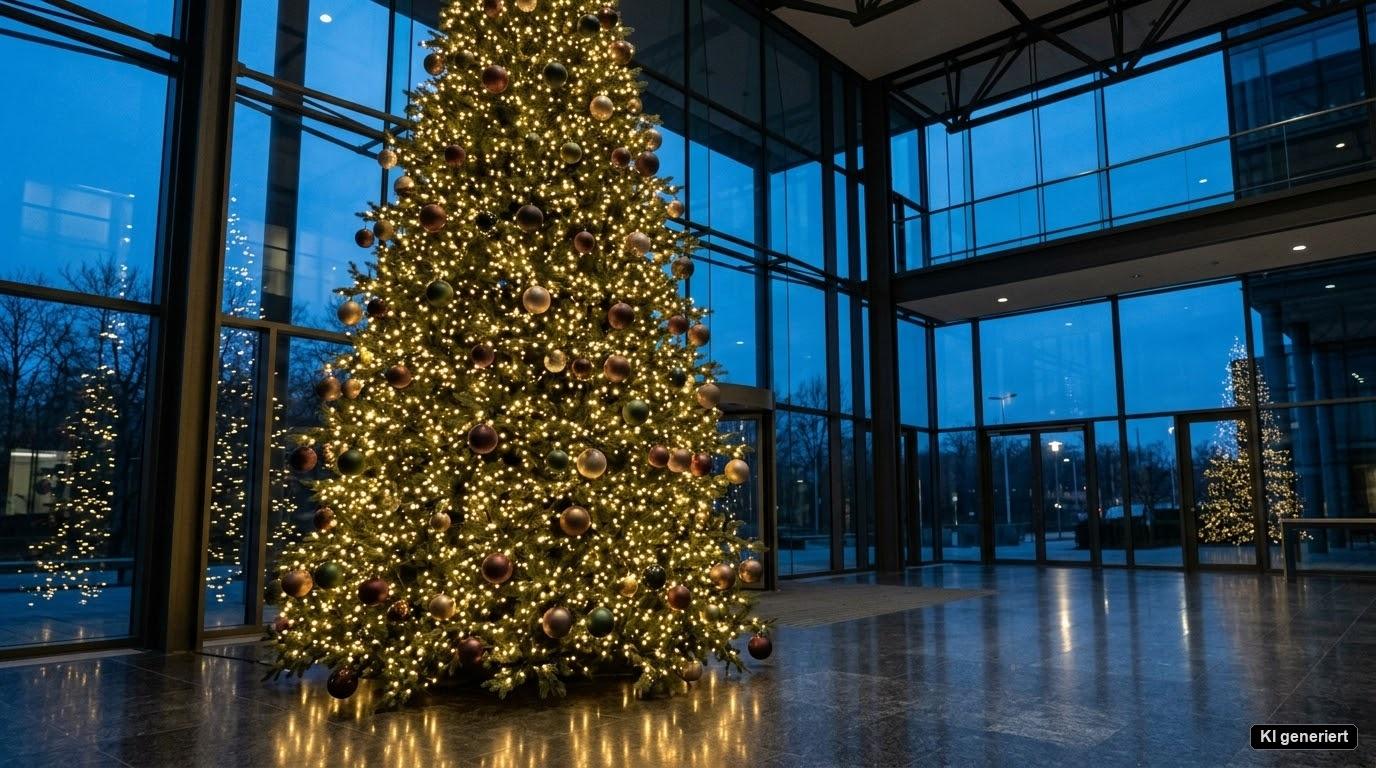 Künstliche Weihnachtsbäume mit 425 cm Höhe und warmweißer LED-Beleuchtung im Glasfoyer zur blauen Stunde. Künstliche Weihnachtsbäume mit 425 cm Höhe und warmweißer LED-Beleuchtung im Glasfoyer zur blauen Stunde.