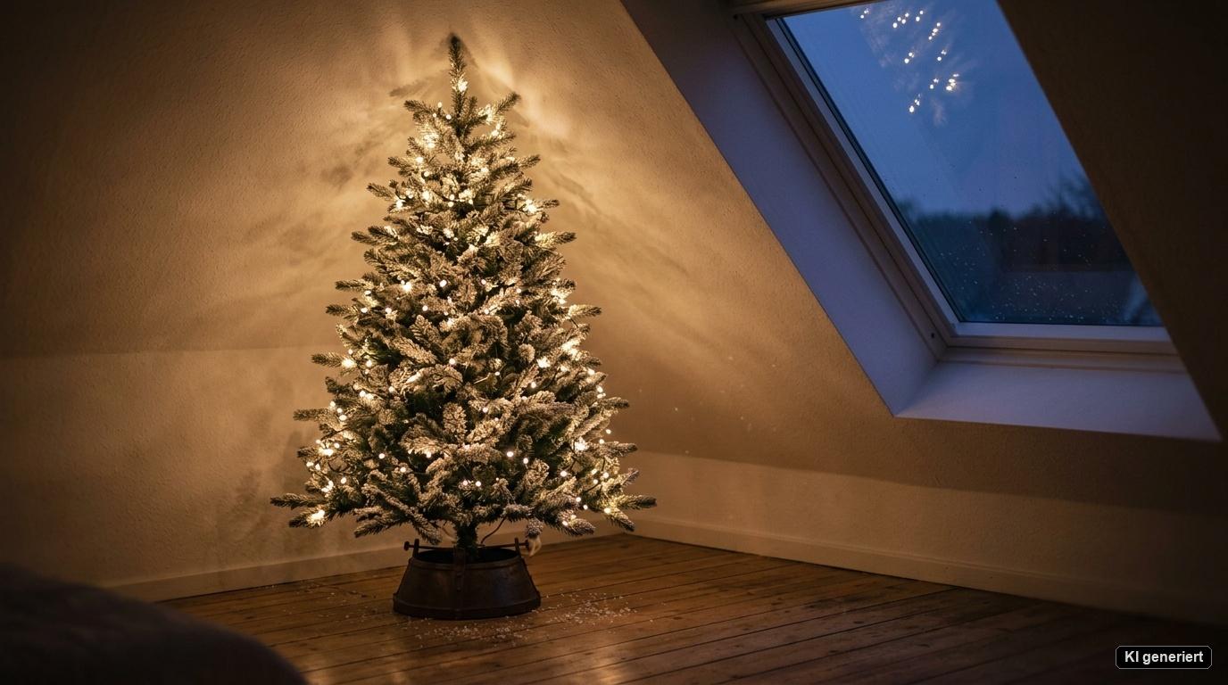 Künstlicher Christbaum mit 187 cm Höhe unter einer Dachschräge mit stimmungsvoller LED-Beleuchtung und zart beschneiten Spitzen. Künstlicher Christbaum mit 187 cm Höhe unter einer Dachschräge mit stimmungsvoller LED-Beleuchtung und zart beschneiten Spitzen.