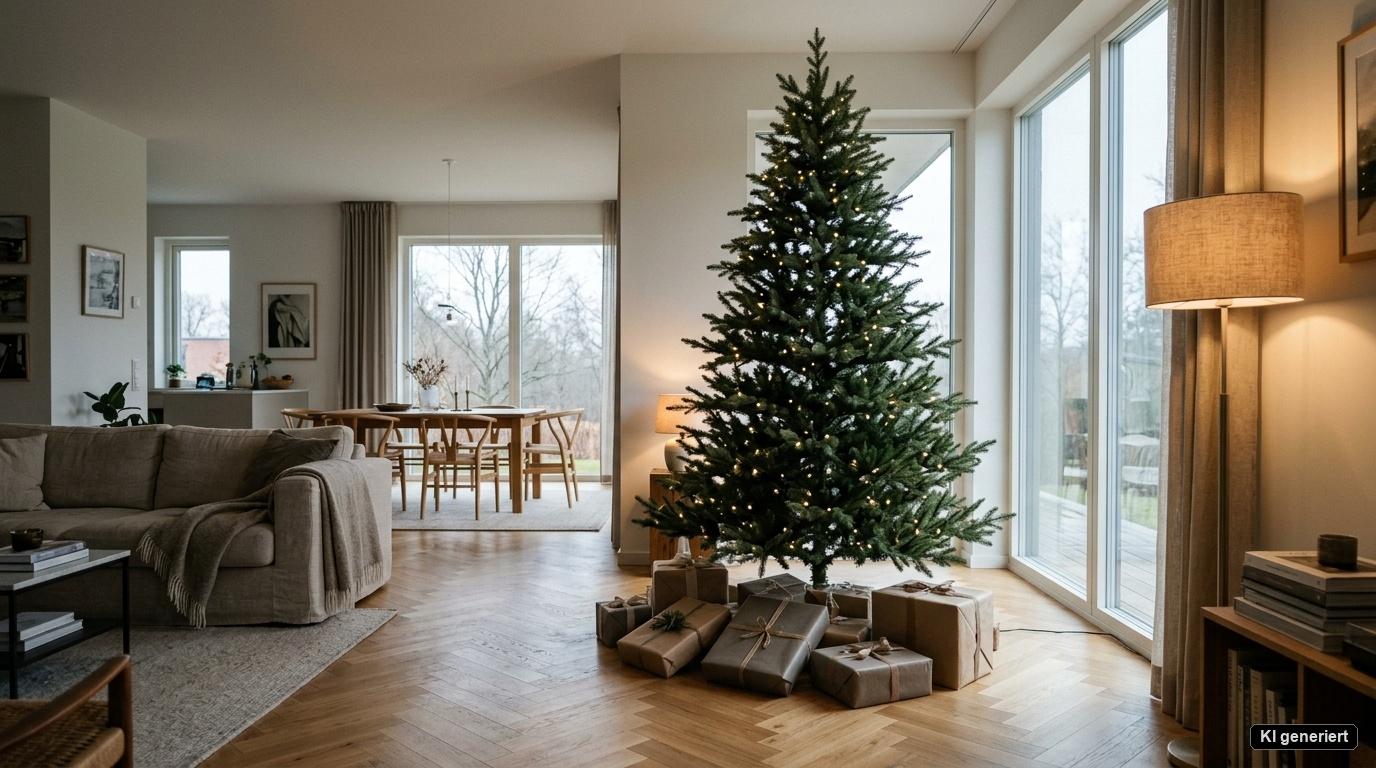 Künstlicher SONGMICS Weihnachtsbaum mit 210 cm Höhe und dichtem Nadelkleid als Mittelpunkt im offenen Wohnzimmer neben Geschenken. Künstlicher SONGMICS Weihnachtsbaum mit 210 cm Höhe und dichtem Nadelkleid als Mittelpunkt im offenen Wohnzimmer neben Geschenken.