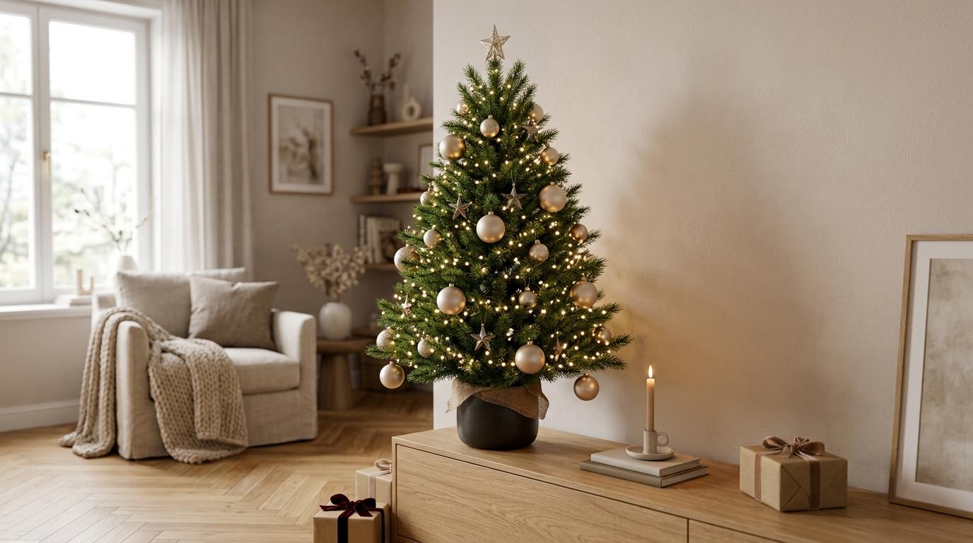 Künstlicher Weihnachtsbaum 130 cm mit dezenter Beleuchtung auf einem niedrigen Holzsideboard in einem modernen Wohnzimmer Künstlicher Weihnachtsbaum 130 cm mit dezenter Beleuchtung auf einem niedrigen Holzsideboard in einem modernen Wohnzimmer