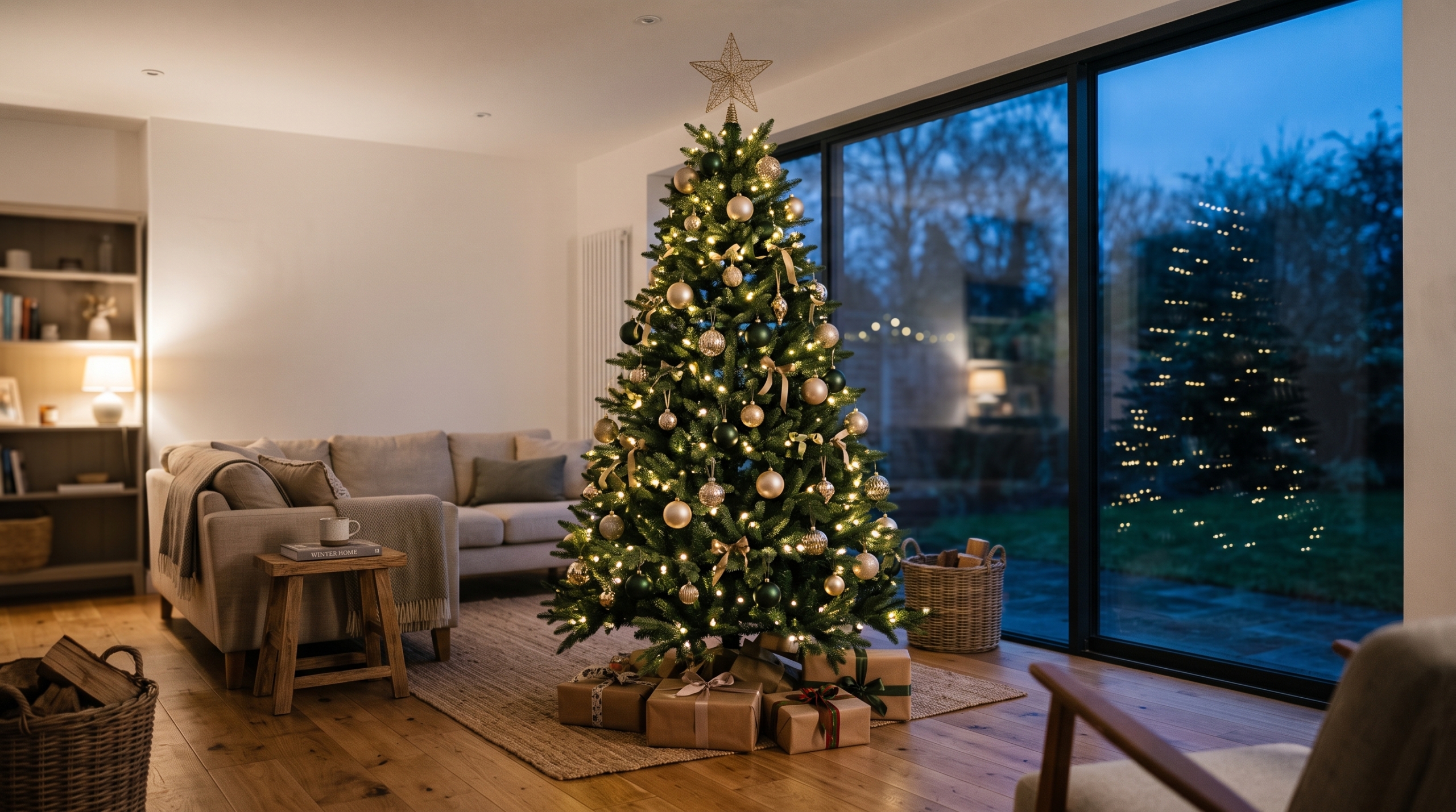 Künstlicher Weihnachtsbaum 183 cm mit warmweißer Beleuchtung und festlichem Schmuck harmonisch platziert im modernen Wohnzimmer vor einem großen Fenster