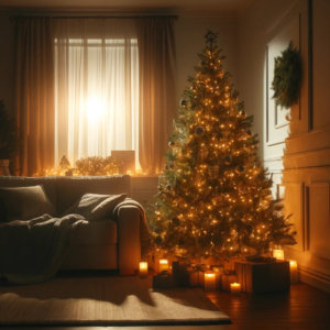 Ein 220 cm großer Weihnachtsbaum, beleuchtet in einem gemütlichen Raum bei Abenddämmerung, mit Geschenken und leuchtenden Lichtern, die eine warme Atmosphäre schaffen.