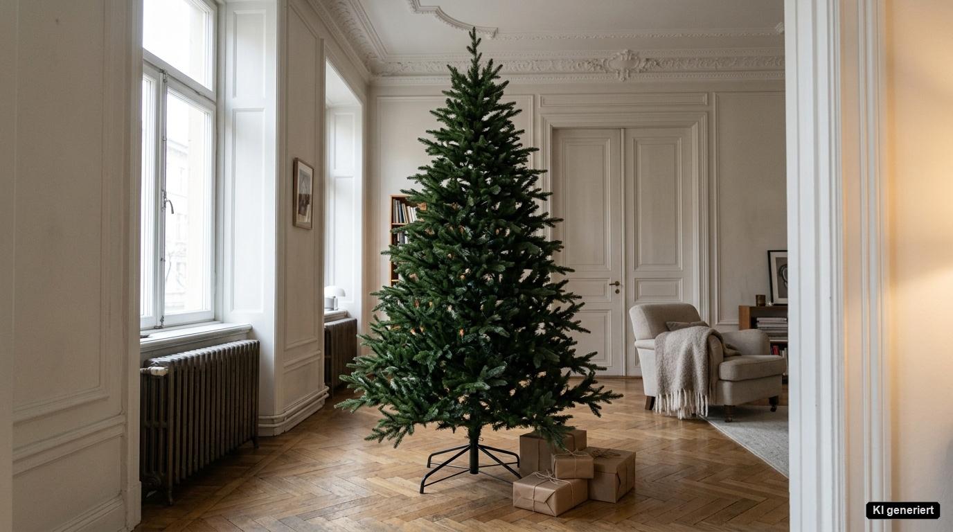 Künstlicher Weihnachtsbaum 240 cm mit stabilem Metallständer in einem großzügigen Altbau-Wohnzimmer mit hoher Decke und Fischgrätparkett. Künstlicher Weihnachtsbaum 240 cm mit stabilem Metallständer in einem großzügigen Altbau-Wohnzimmer mit hoher Decke und Fischgrätparkett.
