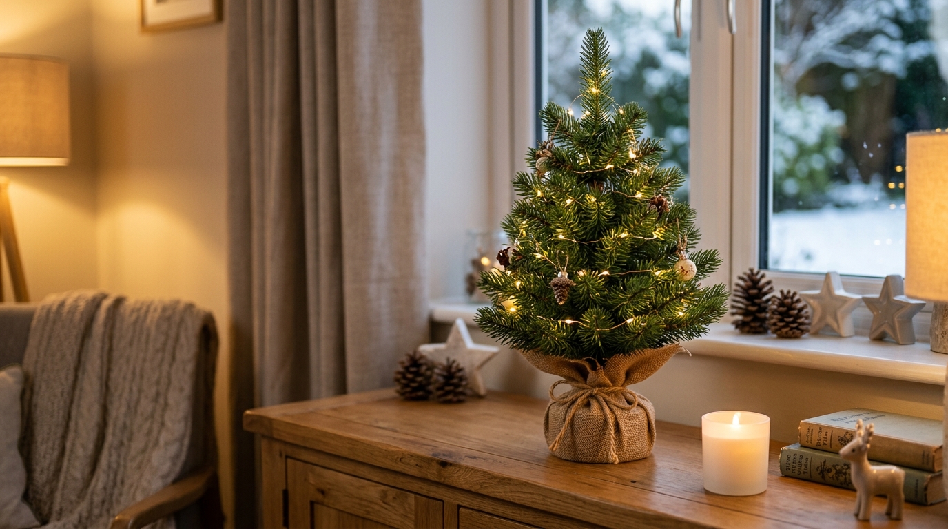 Künstlicher Weihnachtsbaum 50 cm mit naturgetreuen Spritzguss-Nadeln im rustikalen Jutesack und warmweißer LED-Beleuchtung auf einem Holz-Sideboard im Wohnzimmer
