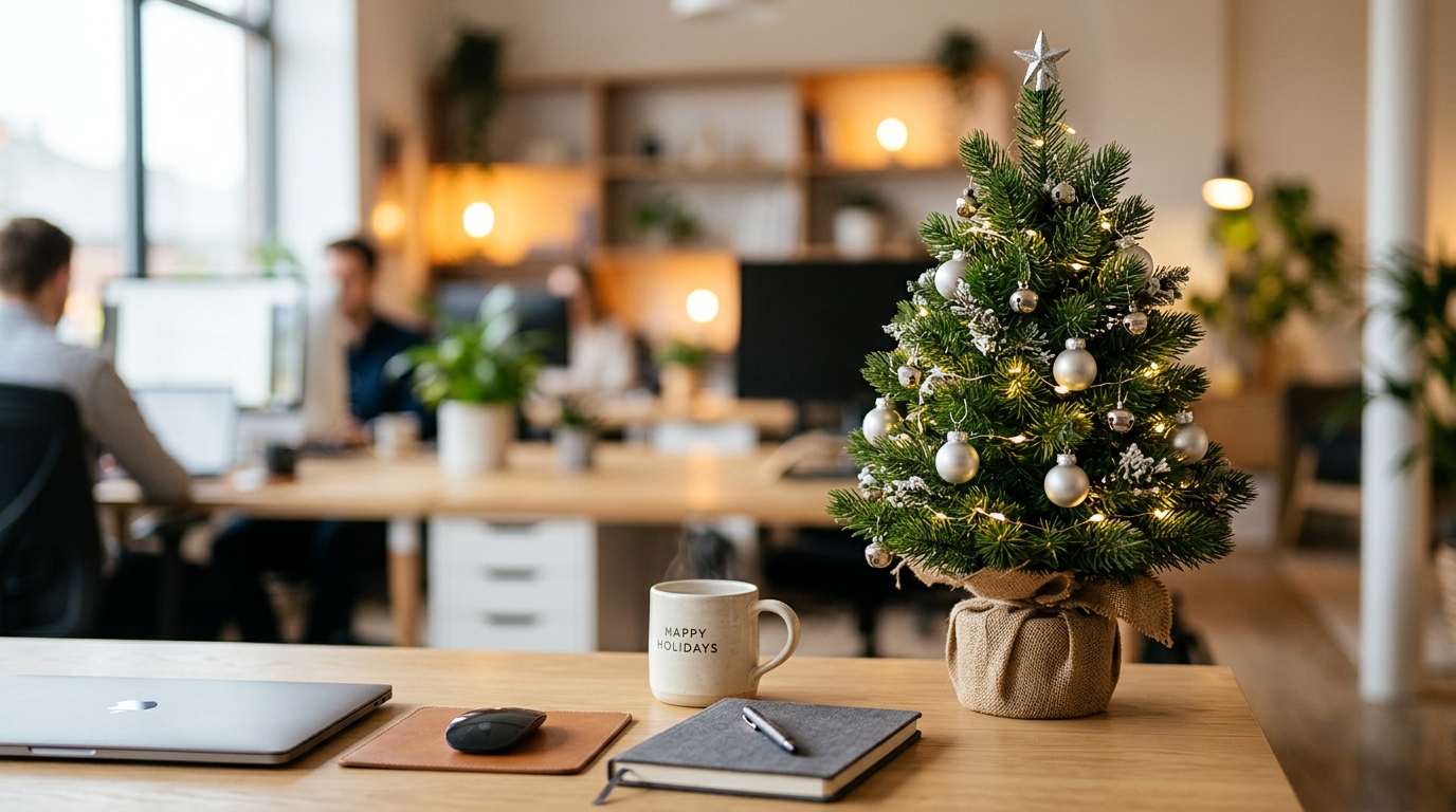 Kompakter künstlicher Weihnachtsbaum 50 cm mit dezenter Beleuchtung und kleinen silbernen Kugeln auf einem Schreibtisch im modernen Büro