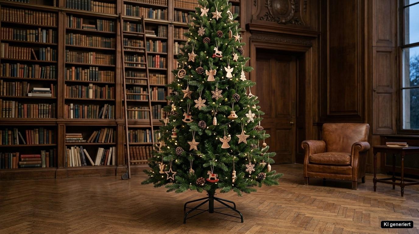 Künstlicher Weihnachtsbaum Fichte auf stabilem Metallständer mit stufigen Ästen in einer repräsentativen Altbau-Bibliothek mit Fischgrätparkett Künstlicher Weihnachtsbaum Fichte auf stabilem Metallständer mit stufigen Ästen in einer repräsentativen Altbau-Bibliothek mit Fischgrätparkett