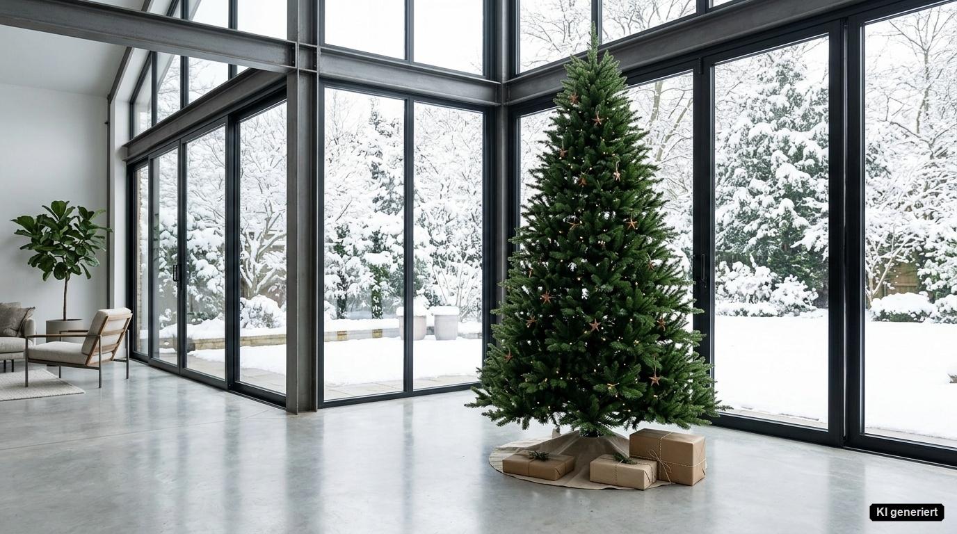 Künstlicher Weihnachtsbaum Fichte aus PE-Spritzguss mit detailreichen Nadeln vor einer großen Glasfront im lichtdurchfluteten Wintergarten Künstlicher Weihnachtsbaum Fichte aus PE-Spritzguss mit detailreichen Nadeln vor einer großen Glasfront im lichtdurchfluteten Wintergarten