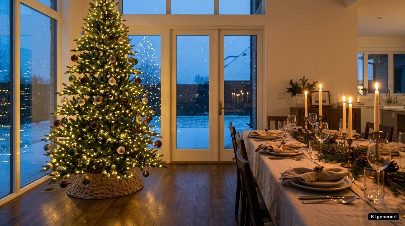 Künstlicher Weihnachtsbaum Fichte mit warmen Lichtern und mattem Schmuck neben einer festlich gedeckten Tafel im offenen Essbereich Künstlicher Weihnachtsbaum Fichte mit warmen Lichtern und mattem Schmuck neben einer festlich gedeckten Tafel im offenen Essbereich