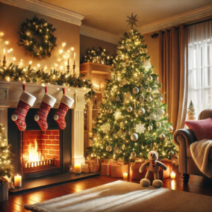 Künstlicher Weihnachtsbaum im heimischen Wohnzimmer