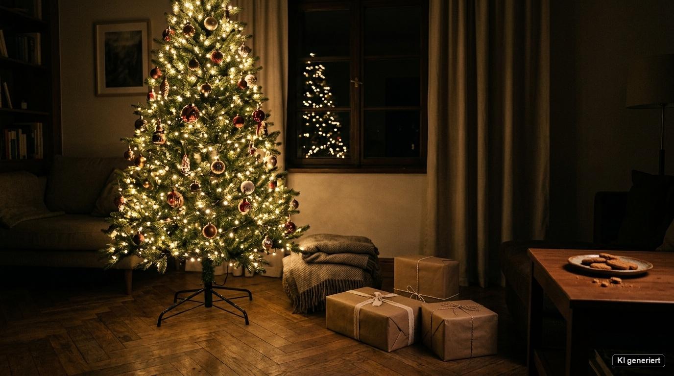 Künstlicher Weihnachtsbaum in 140 cm mit warmweißen LEDs, festlichem Schmuck und Geschenken im abendlichen Wohnzimmer Künstlicher Weihnachtsbaum in 140 cm mit warmweißen LEDs, festlichem Schmuck und Geschenken im abendlichen Wohnzimmer