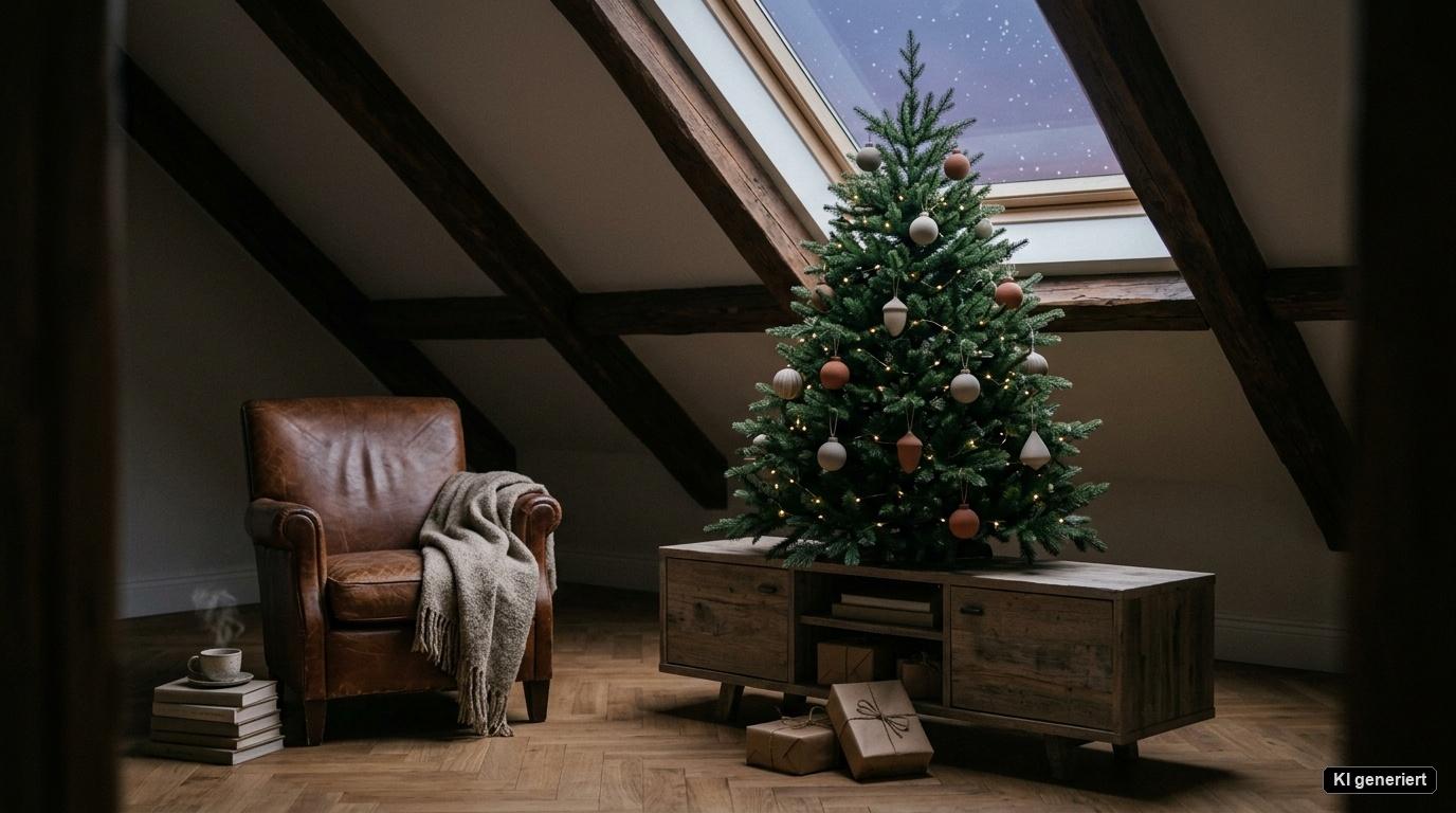 Künstlicher Weihnachtsbaum in 145 cm Höhe auf einem niedrigen Holzsideboard unter einer gemütlichen Dachschräge mit dezenten warmweißen Lichtern und dichter Nadelstruktur Künstlicher Weihnachtsbaum in 145 cm Höhe auf einem niedrigen Holzsideboard unter einer gemütlichen Dachschräge mit dezenten warmweißen Lichtern und dichter Nadelstruktur