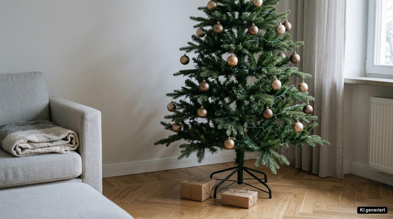 Künstlicher Weihnachtsbaum mit 170 cm Höhe im kompakten Wohnzimmer neben dem Sessel auf schwarzem Metallständer Künstlicher Weihnachtsbaum mit 170 cm Höhe im kompakten Wohnzimmer neben dem Sessel auf schwarzem Metallständer