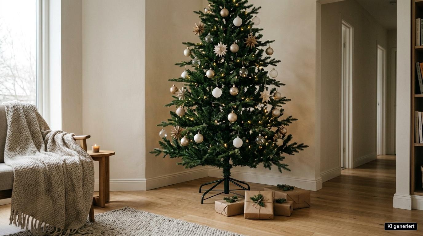 Künstlicher Weihnachtsbaum mit 187 cm Höhe auf stabilem Metallständer harmonisch platziert im Familienwohnzimmer neben dezenten Geschenken. Künstlicher Weihnachtsbaum mit 187 cm Höhe auf stabilem Metallständer harmonisch platziert im Familienwohnzimmer neben dezenten Geschenken.