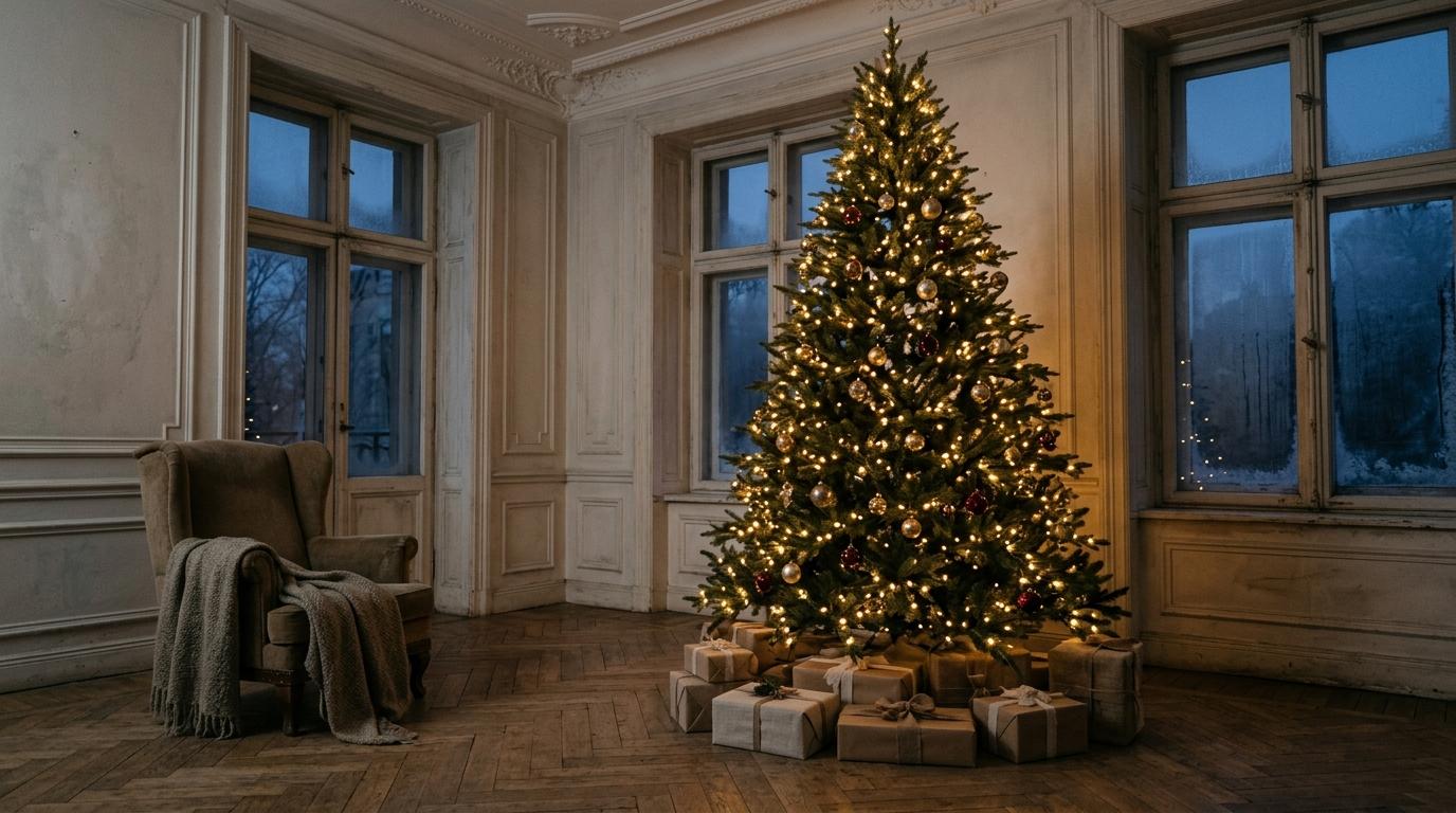 Künstlicher Weihnachtsbaum mit 225 cm Höhe in einem Altbau-Wohnzimmer mit hoher Stuckdecke, warmweißen Lichtern und eingepackten Geschenken auf Holzboden Künstlicher Weihnachtsbaum mit 225 cm Höhe in einem Altbau-Wohnzimmer mit hoher Stuckdecke, warmweißen Lichtern und eingepackten Geschenken auf Holzboden