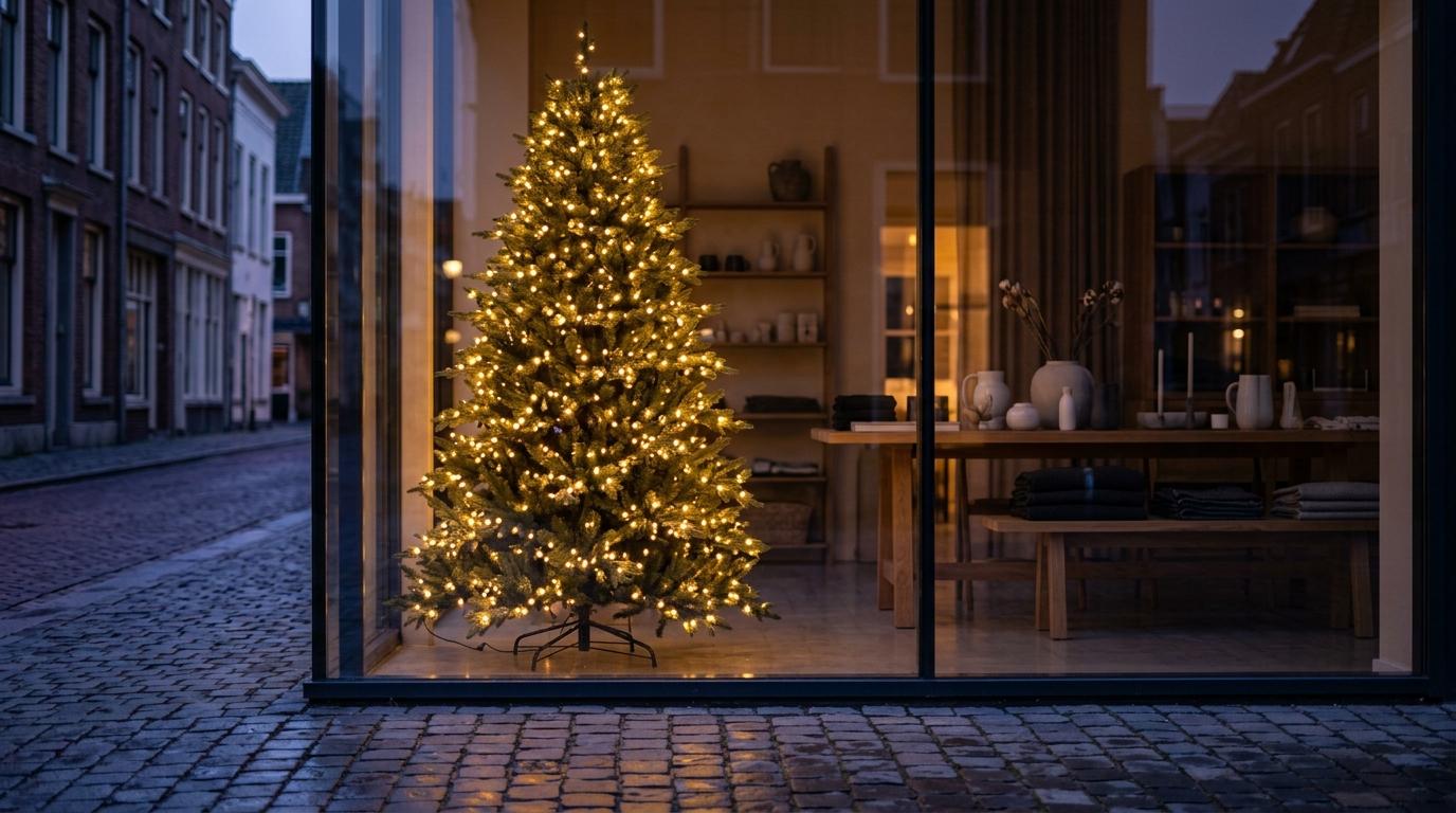Künstlicher Weihnachtsbaum mit 225 cm Höhe und warmweißer LED-Beleuchtung hinter einer Schaufensterscheibe in stimmungsvoller Abenddaemmerung Künstlicher Weihnachtsbaum mit 225 cm Höhe und warmweißer LED-Beleuchtung hinter einer Schaufensterscheibe in stimmungsvoller Abenddaemmerung