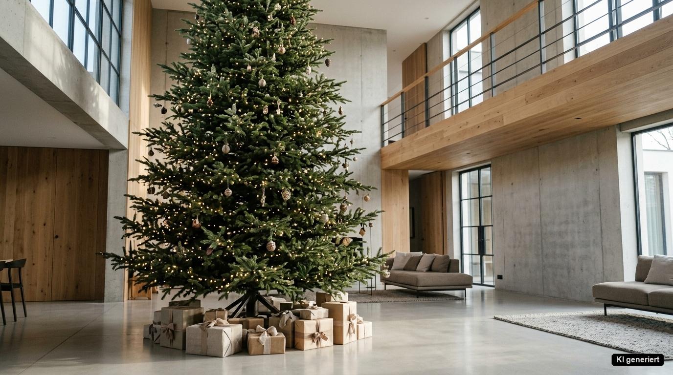 Künstlicher Weihnachtsbaum mit 425 cm Höhe in einer zweigeschossigen offenen Galerie mit hoher Decke und ausladender Wuchsform. Künstlicher Weihnachtsbaum mit 425 cm Höhe in einer zweigeschossigen offenen Galerie mit hoher Decke und ausladender Wuchsform.