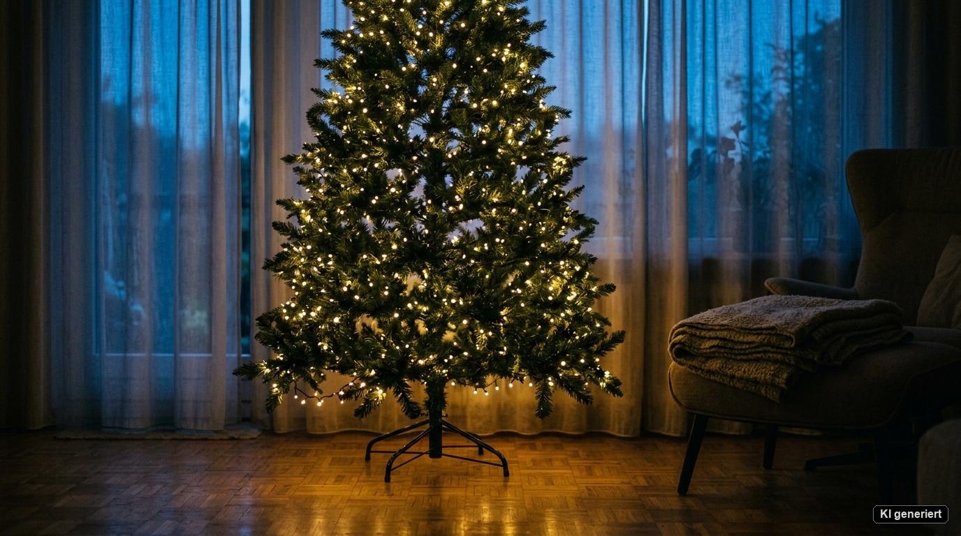 Künstlicher Weihnachtsbaum von SONGMICS mit 180 cm Höhe im Schein warmweißer Lichterketten zur blauen Stunde im Wohnzimmer. Künstlicher Weihnachtsbaum von SONGMICS mit 180 cm Höhe im Schein warmweißer Lichterketten zur blauen Stunde im Wohnzimmer.