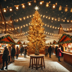Ein festlich beleuchteter Weihnachtsbaum 200 cm auf einem kleinen Weihnachtsmarkt im Freien, umgeben von Lichterketten, Verkaufsständen und fröhlichen Besuchern.