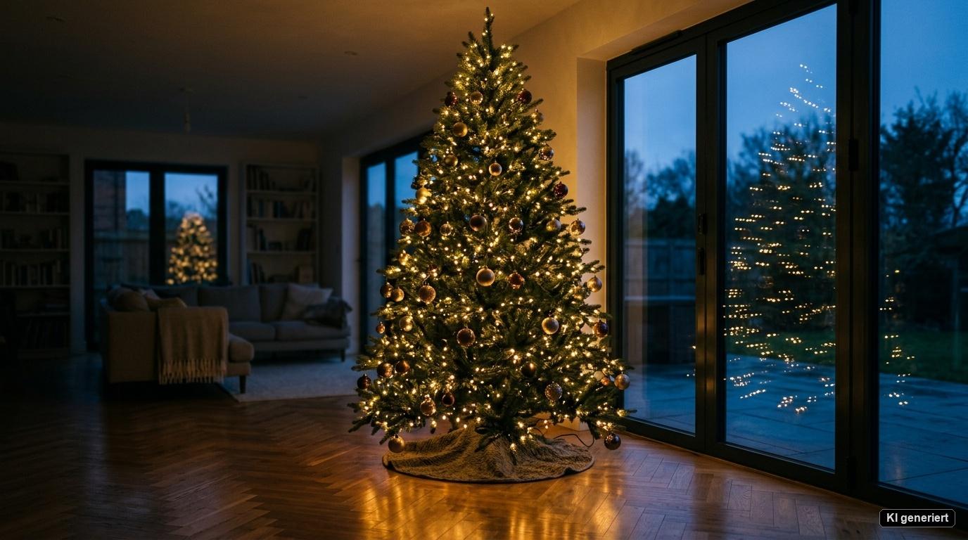 Künstlicher Yuenfong Weihnachtsbaum mit 210 cm Höhe und warmer LED-Beleuchtung im abendlichen Wohnbereich Künstlicher Yuenfong Weihnachtsbaum mit 210 cm Höhe und warmer LED-Beleuchtung im abendlichen Wohnbereich