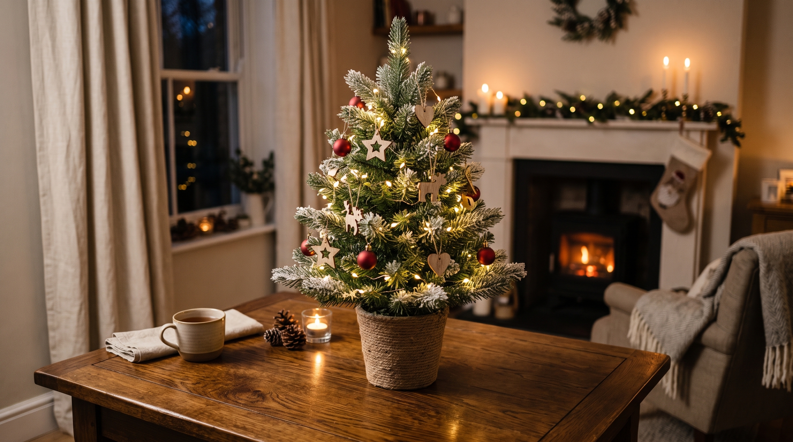 Künstlicher Weihnachtsbaum (90cm) auf einem Wohnzimmertisch.