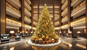 Majestische und imposante künstliche Weihnachtsbäume lassen sich eindrucksvoll im Foyer eines Hotels aufstellen.