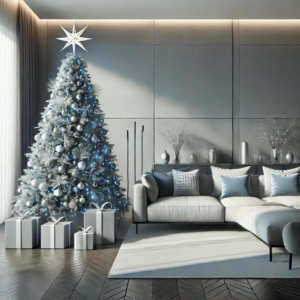 Ein elegant gestalteter 220 cm großer Baum, dekoriert in Blau und Silber, perfekt für ein modernes, minimalistisches Wohnzimmer.